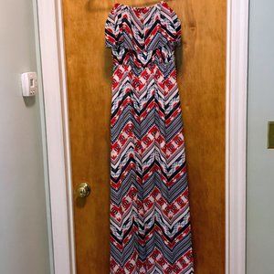 White, Blue and Red Strapless Maxi Dress